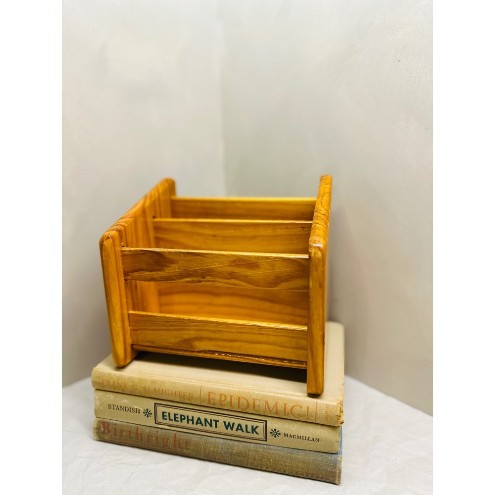 Vintage Handmade Wooden Letter Rack Desk Organizer 2 Slot Mail Sorter Honey Pine